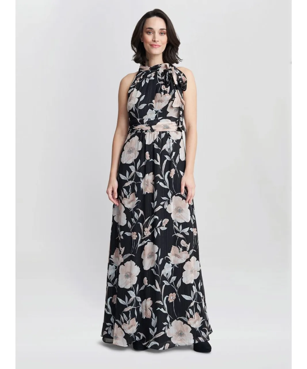 Gina Bacconi Womens Printed Maxi Dress With Tie Neckline Detail - Black