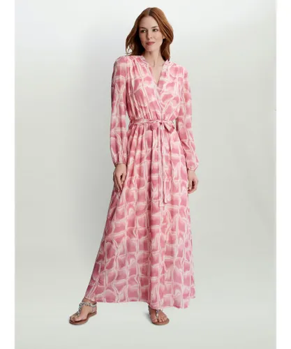 Gina Bacconi Womens Queenie Print Georgette Dress With Longsleeves & Self Belt - Pink
