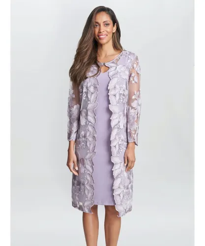 Gina Bacconi Womens Savoy Embroidered Lace Mock Jacket With Jersey Dress - Purple