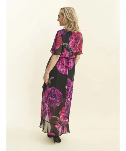 Gina Bacconi Womens Tanner Long Printed Dress With Surplice Neckline, Capelet Sleeves, Tie Belt And Ruffle Tulip Hem Skirt - Black
