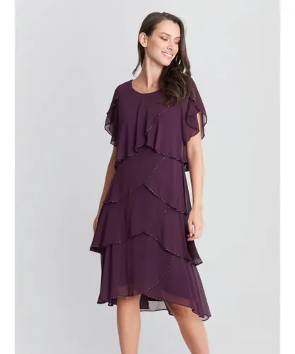 Gina Bacconi Womens Trysta Bugle Beaded Trim Tiered Cocktail Dress With Flitter Sleeves - Purple