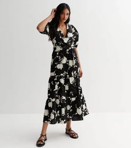 Gini London Black Floral Wrap Midi Dress New Look