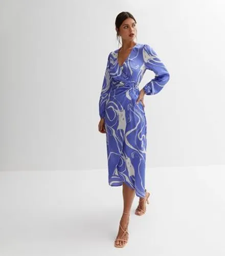 Gini London Blue Abstract Satin Midi Wrap Dress New Look