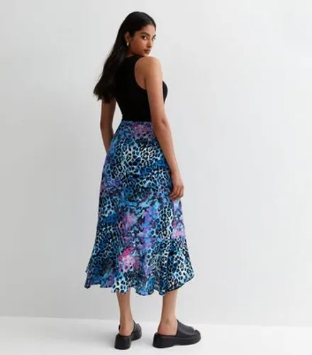Gini London Blue Animal Print Dip Hem Midi Skirt New Look