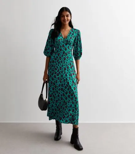 Gini London Green Animal Print Satin Puff Sleeve Midaxi Dress New Look