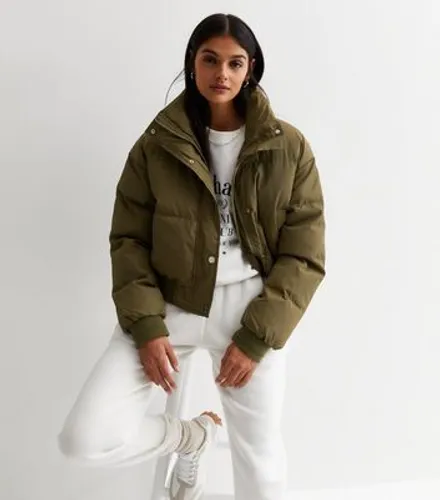 Gini London Olive High Neck Crop Puffer Jacket New Look