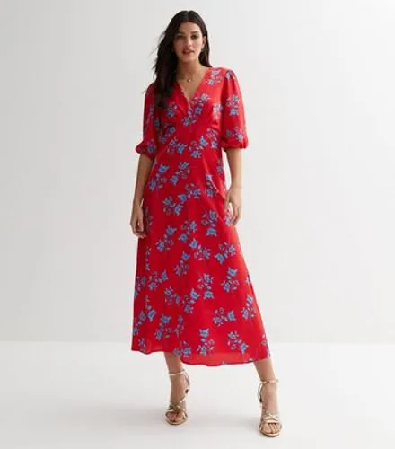 Gini London Red Floral V Neck Midi Dress New Look