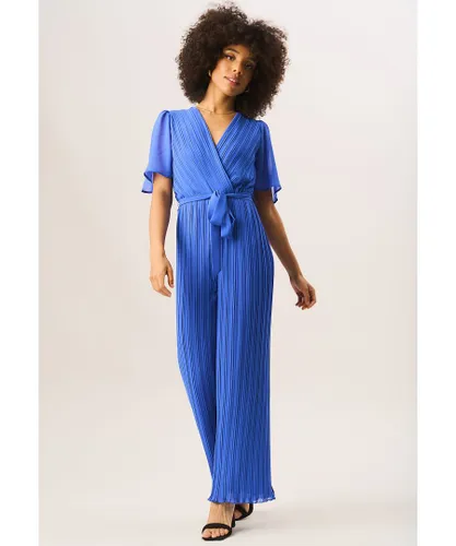 Gini London Womens Angel Sleeves Pleated Belted Wrap Jumpsuit - Blue