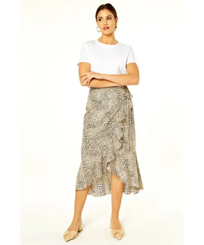 Gini London Womens Animal Print Ruffle Wrap Midi Skirt - Beige