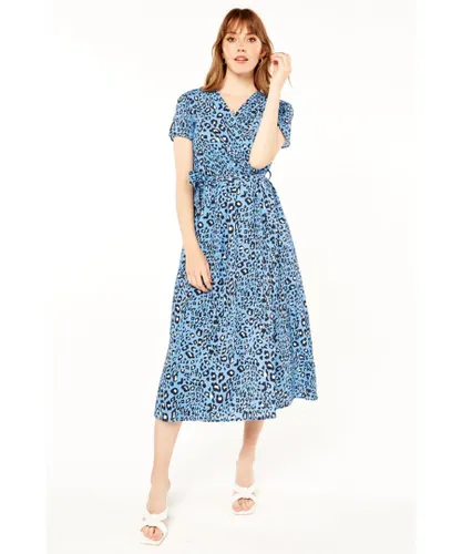 Gini London Womens Animal Print Wrap Front Midi Tea Dress - Blue