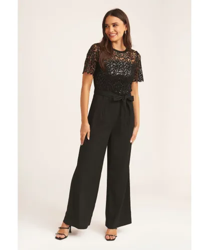 Gini London Womens Black Floral Lace Sequin Belted Occasion