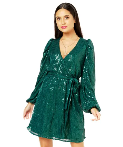 Gini London Womens Bottle Green Sequin V Neck Belted Mini Dress