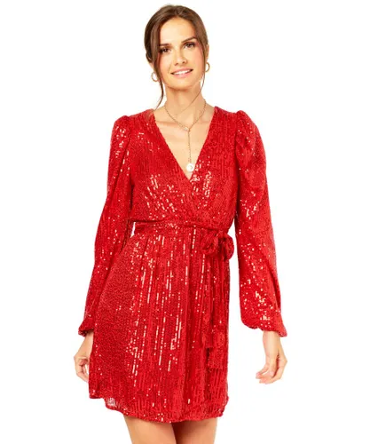 Gini London Womens Bright Red Sequin V Neck Belted Mini Dress