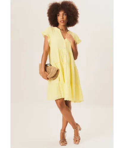 Gini London Womens Button Front Tiered Flare Mini Dress - Yellow Cotton