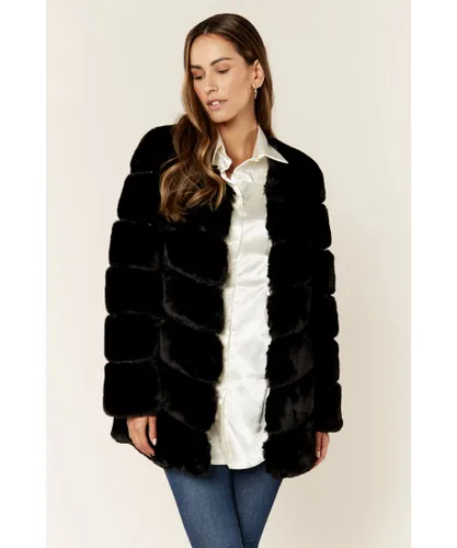 Gini London Womens Diagonal Cut Faux Fur Long Sleeve Jacket - Black