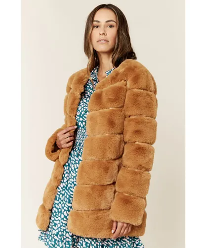 Gini London Womens Diagonal Cut Faux Fur Long Sleeve Jacket - Camel