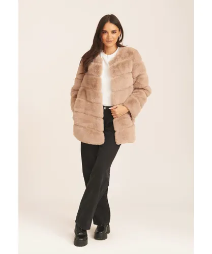Gini London Womens Diagonal Cut Faux Fur Long Sleeve Jacket - Mink