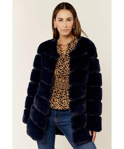 Gini London Womens Diagonal Cut Faux Fur Long Sleeve Jacket - Navy