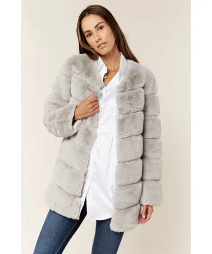 Gini London Womens Diagonal Cut Faux Fur Long Sleeve Jacket - Silver