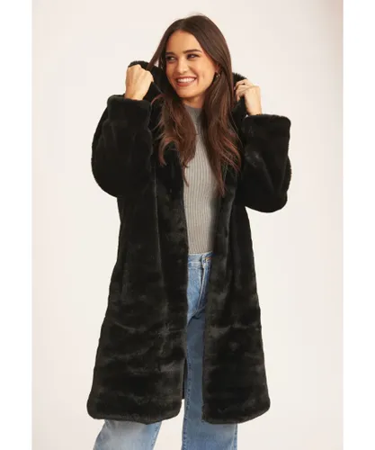 Gini London Womens Faux Fur Hooded Longline Coat - Black