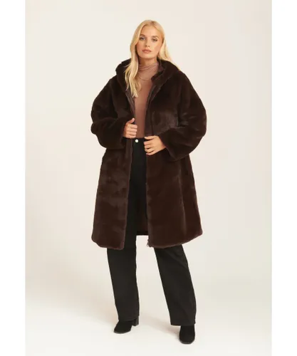 Gini London Womens Faux Fur Hooded Longline Coat - Chocolate