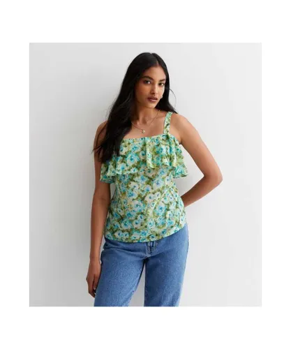 Gini London Womens Floral Strappy Bardot Ruffle Top - Blue