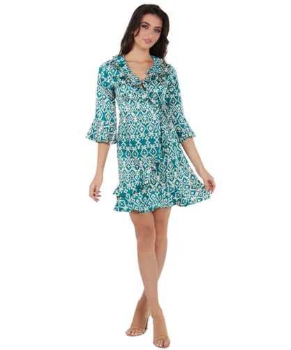 Gini London Womens Frill Detailed Bell Sleeves Mini Wrap Dress - Green