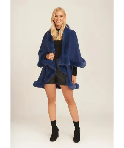 Gini London Womens Fur Trim Double Layer Cape - Blue
