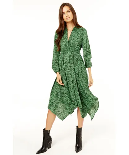 Gini London Womens Green Long Sleeve Asymmetric Hem Midi Dress