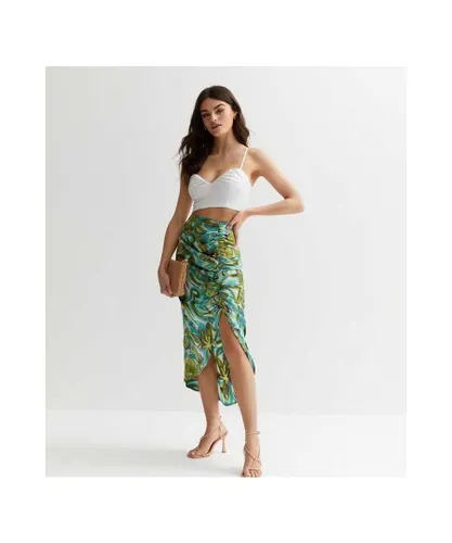 Gini London Womens Green Tropical print Ruched Front Midi Skirt