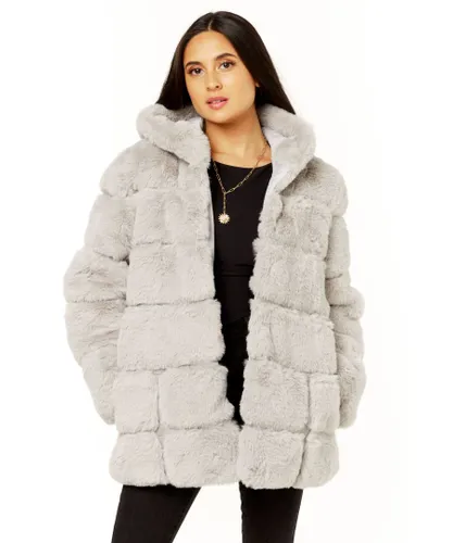 Gini London Womens Horizontal Cut Fur Hooded Jacket - Silver