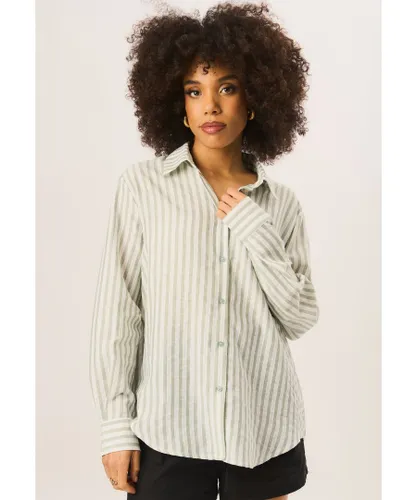 Gini London Womens Linen Oversized Stripe Shirt - Green Cotton