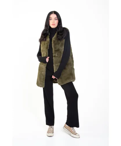 Gini London Womens No Cut Faux Fur Sleeveless Gilet - Khaki