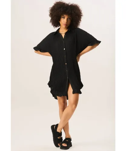 Gini London Womens Plisse Frill Detail Oversized Shirt Dress - Black
