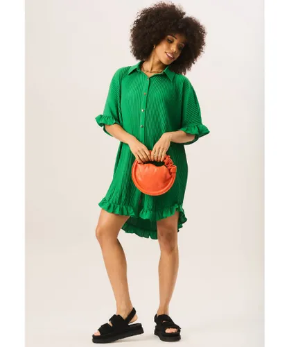 Gini London Womens Plisse Frill Detail Oversized Shirt Dress - Green