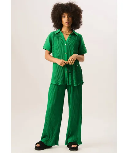 Gini London Womens Plisse Short Sleeve Oversized Shirt - Green