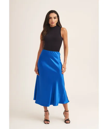 Gini London Womens Satin Bias Cut Midi Skirt - Blue