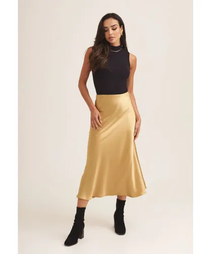 Gini London Womens Satin Bias Cut Midi Skirt - Gold