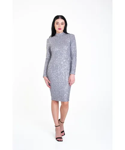 Gini London Womens Sequin High Neck Bodycon Dress - Grey