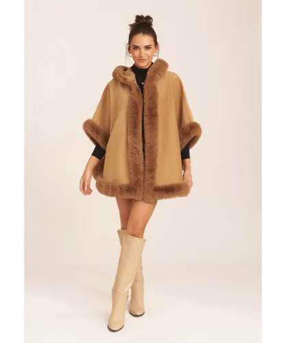 Gini London Womens Soft Fur Trim Hooded Oversized Cape - Black