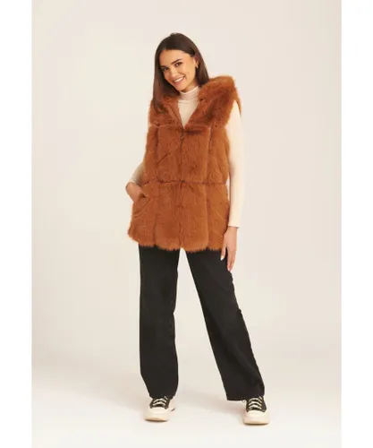 Gini London Womens Soft Touch Fur Longline Gilet - Camel