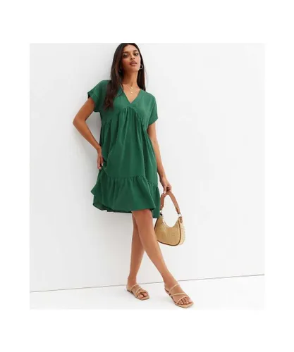 Gini London Womens V-Neck Tiered Mini Smock Dress - Dark Green