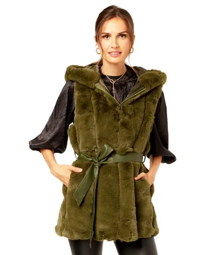 Gini London Womens Vertical Zip Long Fur Gilet - Green
