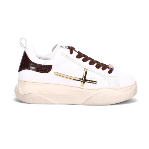 Gio+ , White Calfskin Sneakers with Burgundy Leather Heel ,White female, Sizes: