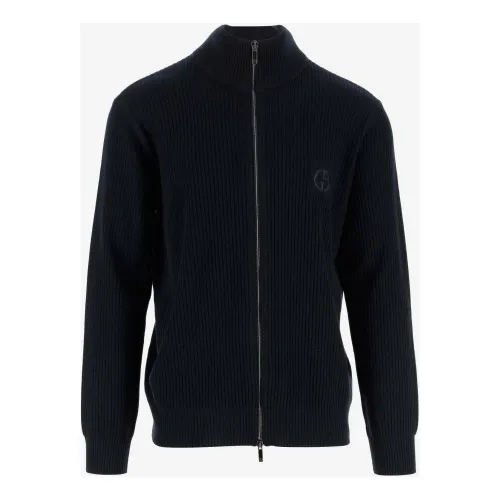 Giorgio Armani , Navy Virgin Wool Cardigan with High Collar ,Blue male, Sizes: