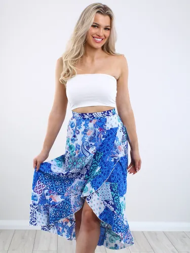 Girl In Mind Blue Emily Patchwork Frill Detail Wrap Skirt