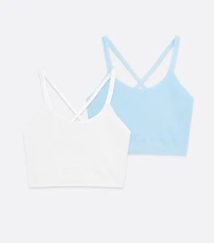 Girls 2 Pack Pale Blue and White Ribbed Seamless Long Crop Tops New Look