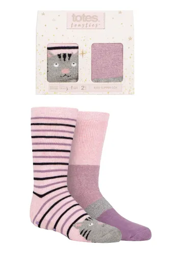 Girls 2 Pair Totes Originals Novelty Slipper Socks Cat Pink 4-6 Years