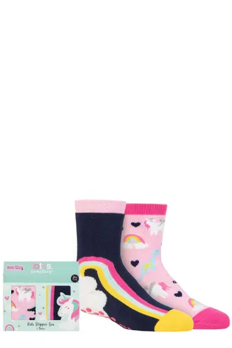 Girls 2 Pair Totes Tots Originals Novelty Slipper Socks Unicorn Rainbow 1-2 Years