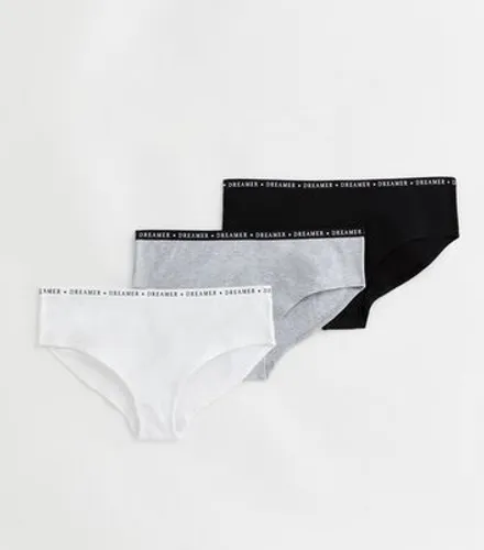 Girls 3 Pack Black Grey and White Cotton Logo Briefs New Look